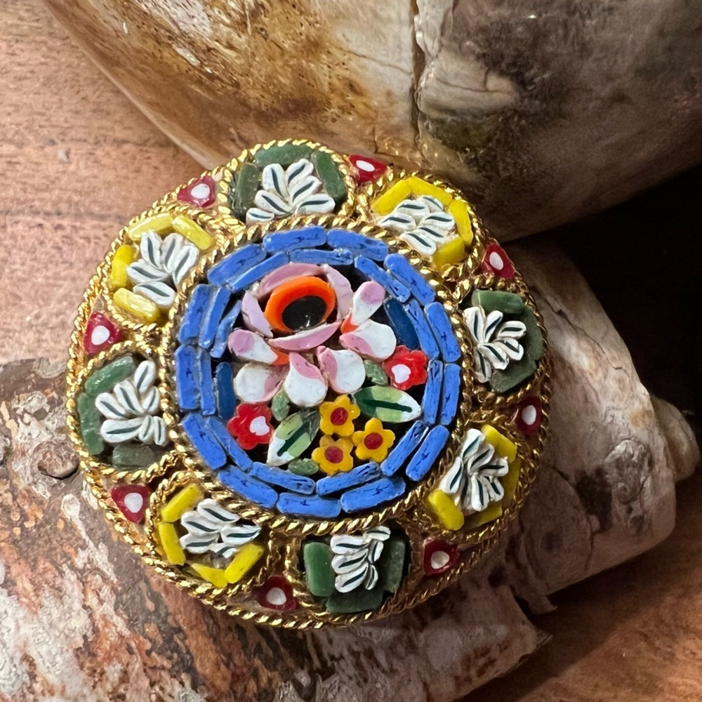 Italian Floral Micro Mosaic Brooch Pin Yellow Purple Blue Glass Art Gold 1 1/4”